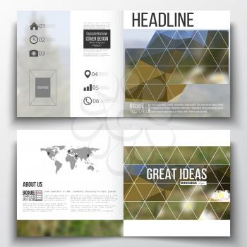 Vector set of square design brochure template. Summer landscape. Colorful polygonal backdrop, blurred background, modern stylish triangle vector texture.