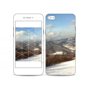 Mobile smartphone with an example of the screen and cover design isolated on white background. Colorful polygonal backdrop, blurred background, mountain landscape, modern triangle vector texture.