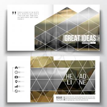 Vector set of square design brochure template. Colorful polygonal background with blurred image, seaport landscape, modern stylish triangular vector texture.