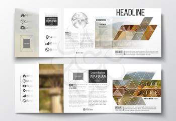 Vector set of tri-fold brochures, square design templates with element of world globe. Colorful polygonal backdrop, blurred background, nature landscape, modern stylish triangle vector texture.