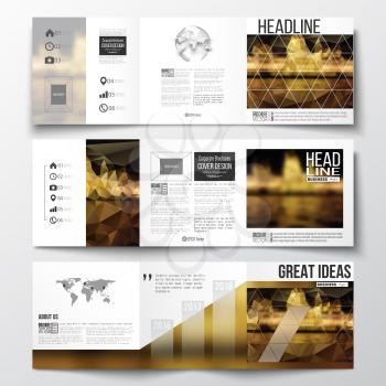 Vector set of tri-fold brochures, square design templates with element of world map and globe. Colorful polygonal background, blurred image, night city landscape, triangular vector texture.