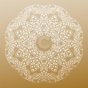 Abstract round microchip pattern isolated on golden background, mandala template with connecting dots and lines, connection structure. Digital scientific vector.