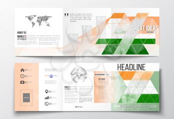 Set of vector tri-fold brochures, square design templates with element of world map and globe. Background for Indian Independence Day celebration with Ashoka wheel and national flag colors.