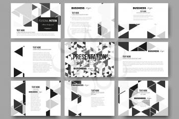 Set of 9 vector templates for presentation slides. Triangular vector pattern. Abstract black triangles on white background.
