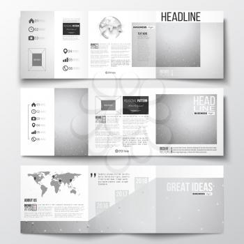 Vector set of tri-fold brochures, square design templates with element of world map and globe. Molecular construction with connected lines and dots, scientific or digital design pattern on gray backgr
