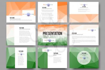 Set of 9 vector templates for presentation slides. Happy Indian Independence Day background with Ashoka wheel and national flag colors, vector illustration.