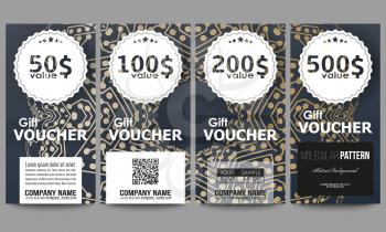 Set of modern gift voucher templates. Golden microchip pattern, abstract template with connecting dots and lines, connection structure. Digital scientific vector background.