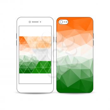 Mobile smartphone with an example of the screen and cover design isolated on white background. Background for Happy Indian Independence Day celebration with national flag colors, vector illustration.