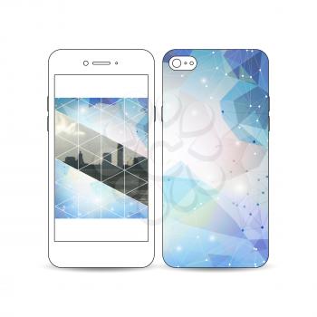 Mobile smartphone with an example of the screen and cover design isolated on white background. Abstract colorful polygonal backdrop with blurred image, modern stylish triangular vector texture.