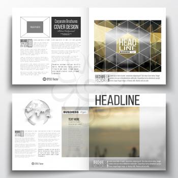 Set of square design brochure template. Colorful polygonal background with blurred image, seaport landscape, modern stylish triangular vector texture.