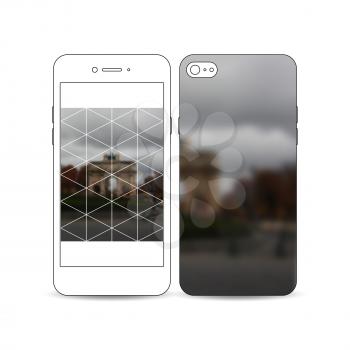 Mobile smartphone with an example of the screen and cover design isolated on white. Polygonal background, blurred image, urban landscape, Paris cityscape, modern triangular vector texture.