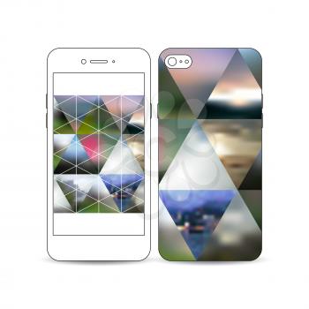 Mobile smartphone with an example of the screen and cover design isolated on white. Abstract colorful polygonal background, natural landscapes, geometric, triangular style vector.