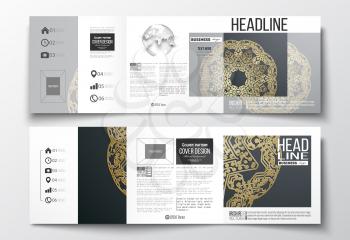 Set of tri-fold brochures, square design templates with element of world globe. Golden microchip pattern on dark background, mandala template with connecting dots and lines.