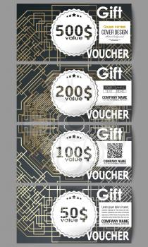 Set of modern gift voucher templates. Golden technology pattern on dark background with connecting lines and dots, connection structure. Digital scientific vector.