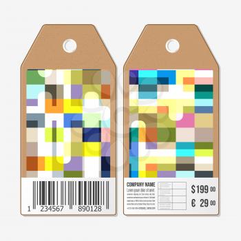 Vector tags design on both sides, cardboard sale labels with barcode. Abstract colorful business background, modern stylish vector texture.