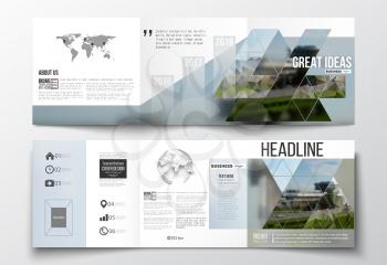 Vector set of tri-fold brochures, square design templates with element of world map and globe. Colorful polygonal background, blurred image, airport landscape, modern stylish triangular vector texture