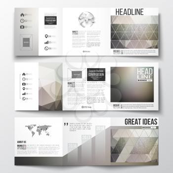 Vector set of tri-fold brochures, square design templates with element of world map and globe. Microchip background, electrical circuits, science design vector template. 