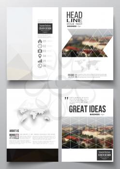 Set of business templates for brochure, magazine, flyer, booklet or annual report. Polygonal background, blurred image, urban landscape, cityscape of Prague, modern triangular texture.