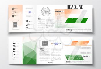 Set of tri-fold brochures, square design templates with element of world globe. Background for Happy Indian Independence Day celebration with Ashoka wheel and national flag colors, vector illustration