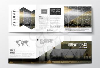 Vector set of tri-fold brochures, square design templates with element of world map. Colorful polygonal background with blurred image, seaport landscape, modern stylish triangular vector texture.