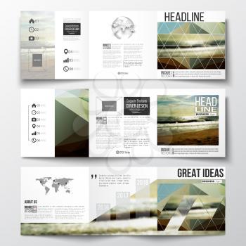Vector set of tri-fold brochures, square design templates with element of world map and globe. Colorful polygonal backdrop, blurred background, sea landscape, modern stylish triangle vector texture