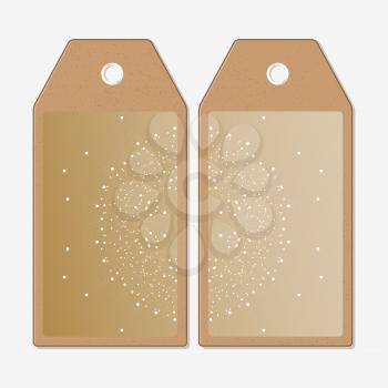 Vector tags design on both sides, cardboard sale labels. Abstract polygonal low poly backdrop with connecting dots and lines, golden background, connection structure. Digital or science vector