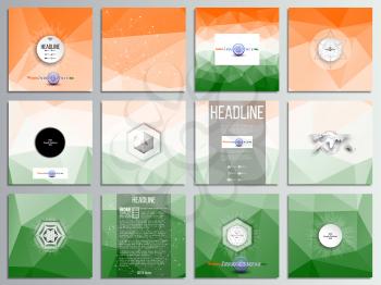 Set of 12 creative cards, square brochure template design. Background for Happy Indian Independence Day celebration with Ashoka wheel and national flag colors, vector illustration.