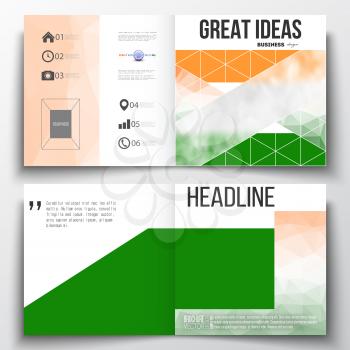 Set of annual report business templates for brochure, magazine, flyer or booklet. Background for Indian Independence Day celebration with Ashoka wheel and national flag colors, vector illustration.