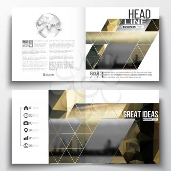 Set of annual report business templates for brochure, magazine, flyer or booklet. Colorful polygonal background with blurred image, seaport landscape, modern stylish triangular vector texture.