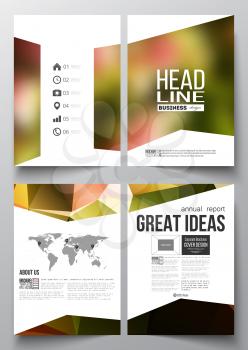 Set of business templates for brochure, magazine, flyer, booklet or annual report. Colorful polygonal floral background, blurred image, pink flowers on green, modern triangular texture.
