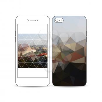 Mobile smartphone with an example of the screen and cover design isolated on white background. Polygonal background, blurred image, urban landscape, cityscape of Prague, modern triangular texture.