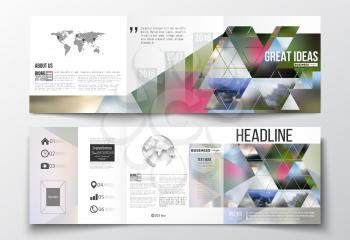 Set of tri-fold brochures, square design templates with element of world map and globe. Abstract colorful polygonal background, natural landscapes, geometric, triangular style vector illustration
