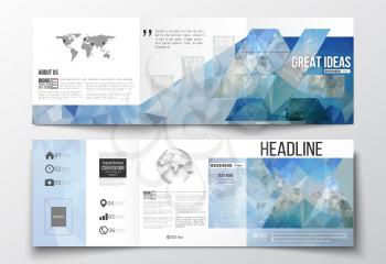 Set of tri-fold brochures, square design templates with element of world map and globe. Abstract blue polygonal background, colorful backdrop, modern stylish vector texture.