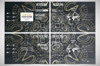 Vector set of tri-fold brochure design template on both sides with world globe element. Polygonal backdrop with golden connecting dots and lines, connection structure. Digital scientific background
