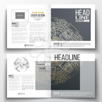 Set of annual report business templates for brochure, magazine, flyer or booklet. Round golden technology pattern on dark background, mandala template with connecting lines and dots.