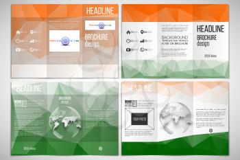 Set of tri-fold brochure design template on both sides with world globe element. Background for Indian Independence Day celebration with Ashoka wheel and national flag colors, vector illustration.