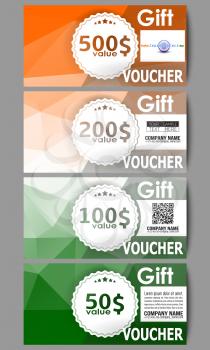 Set of modern gift voucher templates. Background for Happy Indian Independence Day celebration with Ashoka wheel and national flag colors, vector illustration.
