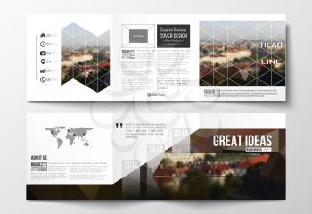 Vector set of tri-fold brochures, square design templates with element of world map. Polygonal background, blurred image, urban landscape, cityscape of Prague, modern triangular texture
