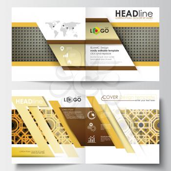 Business templates for square design brochure, magazine, flyer, booklet or annual report. Leaflet cover, abstract flat layout, easy editable blank. Islamic gold pattern, overlapping geometric shapes f