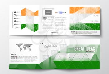 Set of tri-fold brochures, square design templates with element of world map. Background for Happy Indian Independence Day celebration with Ashoka wheel and national flag colors, vector illustration.