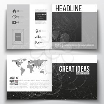 Set of annual report business templates for brochure, magazine, flyer or booklet. Molecular construction with connected lines and dots, scientific or digital design pattern on black background.