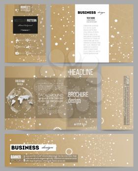 Set of business templates for presentation, brochure, flyer or booklet. Abstract polygonal backdrop with connecting dots and lines, golden background, connection structure. Digital or science vector