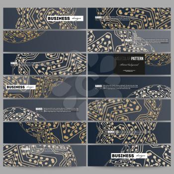 Set of modern vector banners. Golden microchip pattern, abstract template with connecting dots and lines, connection structure. Digital scientific vector background