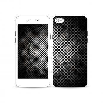 Mobile smartphone with an example of the screen and cover design isolated on white background. Abstract polygonal background, modern stylish square design silver vector texture.