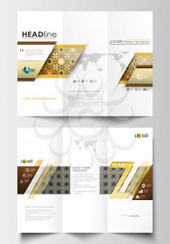Tri-fold brochure business templates on both sides. Easy editable abstract layout in flat design. Islamic gold pattern, overlapping geometric shapes forming abstract ornament. Vector golden texture.