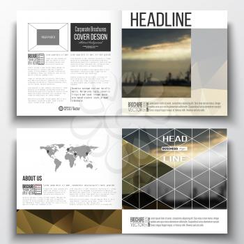 Set of annual report business templates for brochure, magazine, flyer or booklet. Colorful polygonal background with blurred image, seaport landscape, modern stylish triangular vector texture.