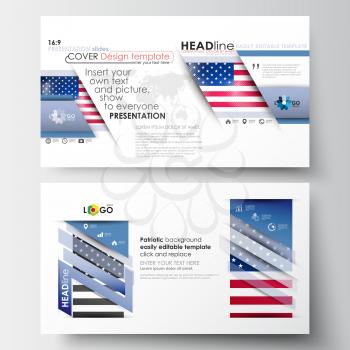 Business templates in HD size for presentation slides. Easy editable abstract layouts in flat design. Patriot Day background with american flag, vector illustration.