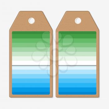 Ttags design on both sides, cardboard sale labels. Abstract colorful business background, blue and green colors, modern stylish striped vector texture.