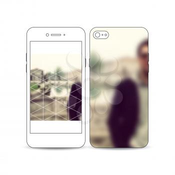 Mobile smartphone with an example of the screen and cover design isolated on white background. Polygonal background, blurred image. Modern triangular vector texture.