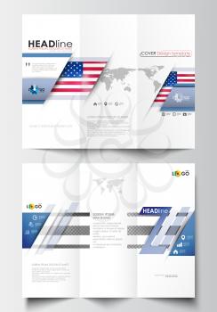 Tri-fold brochure business templates on both sides. Easy editable abstract layout in flat design. Patriot Day background with american flag, vector illustration.